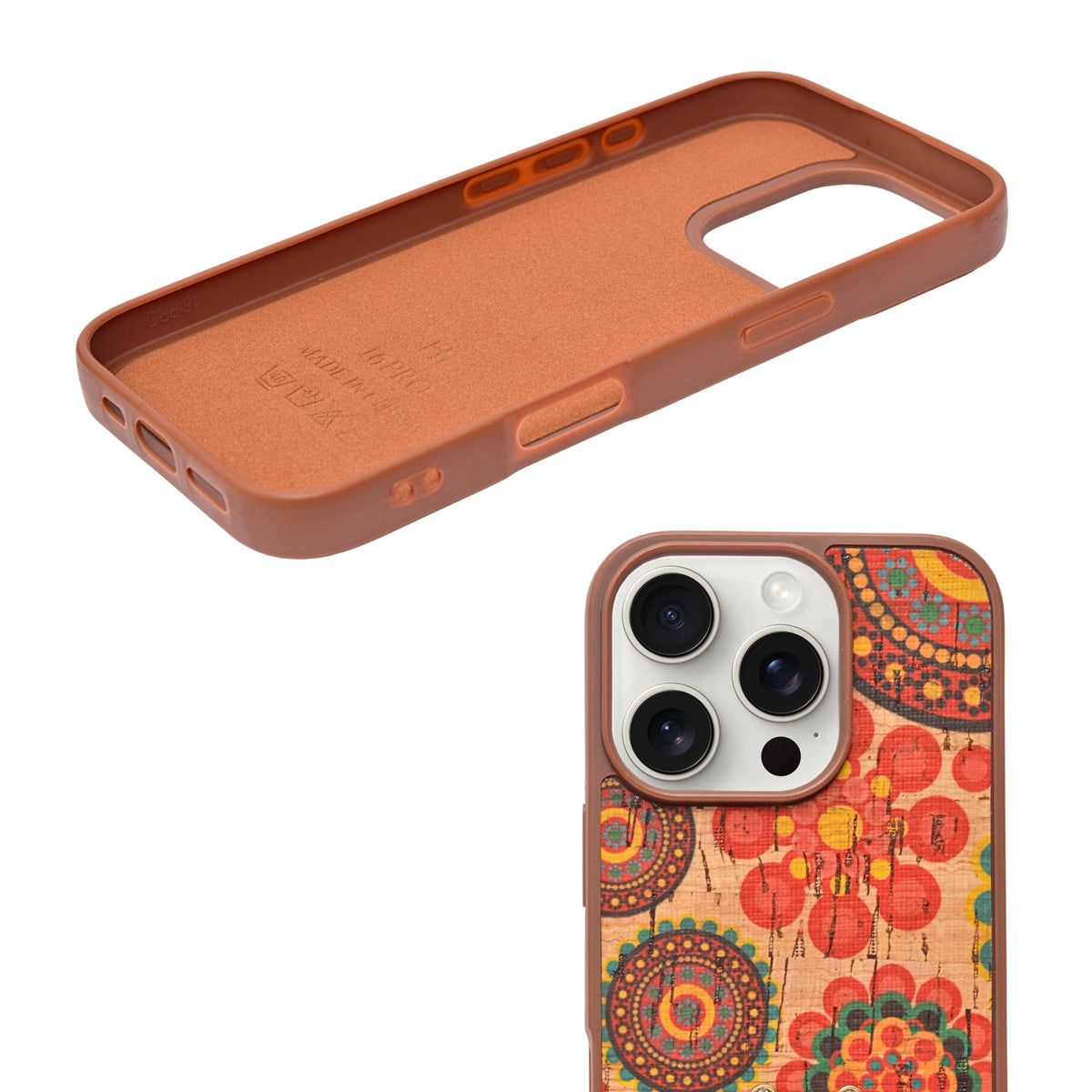 Bohemian Ethnic Print Cork Texture with Pearl Detail Phone Case for iPhone 16 Pro