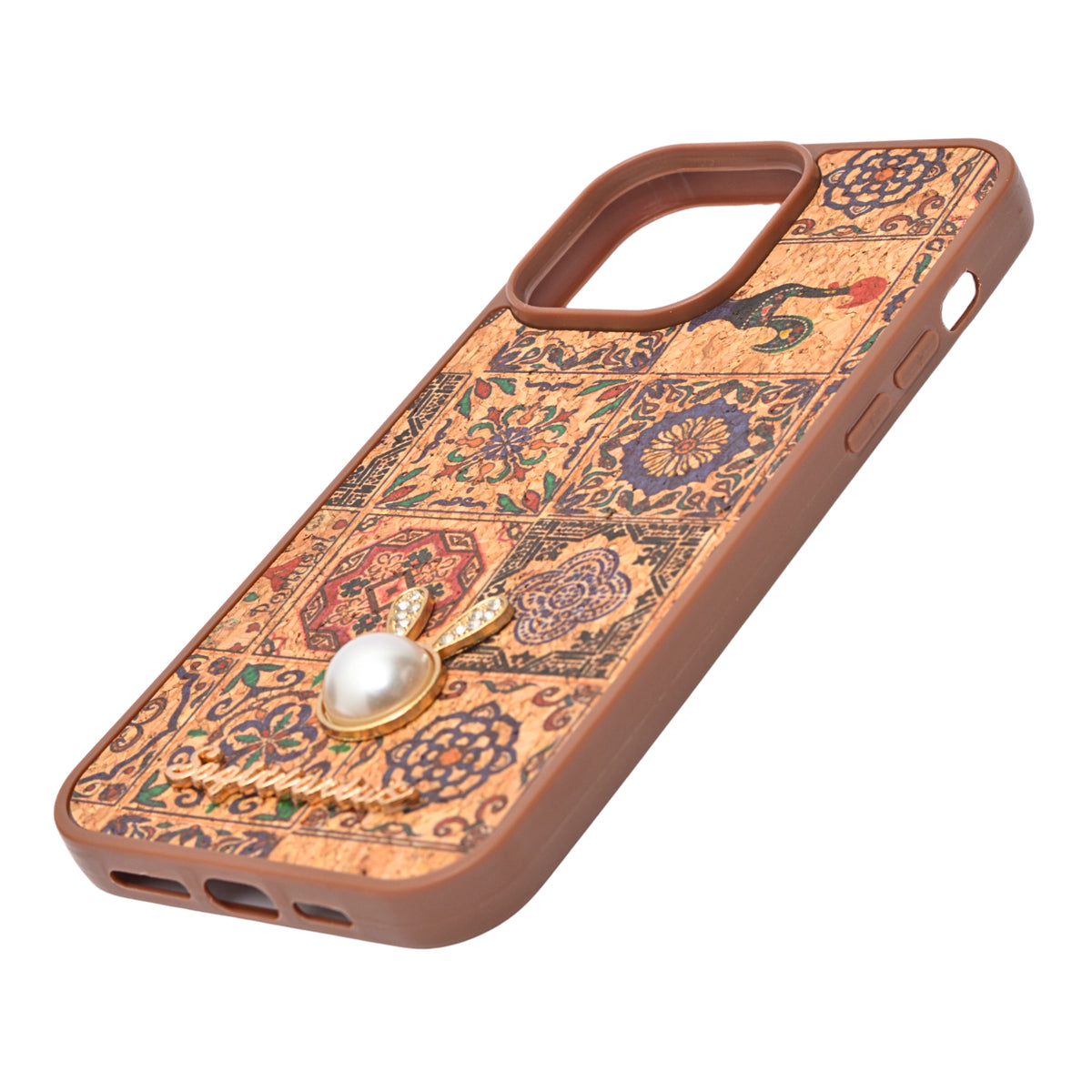 Bohemian Ethnic Print Cork Texture with Pearl Detail Phone Case for iPhone 14 Pro Max