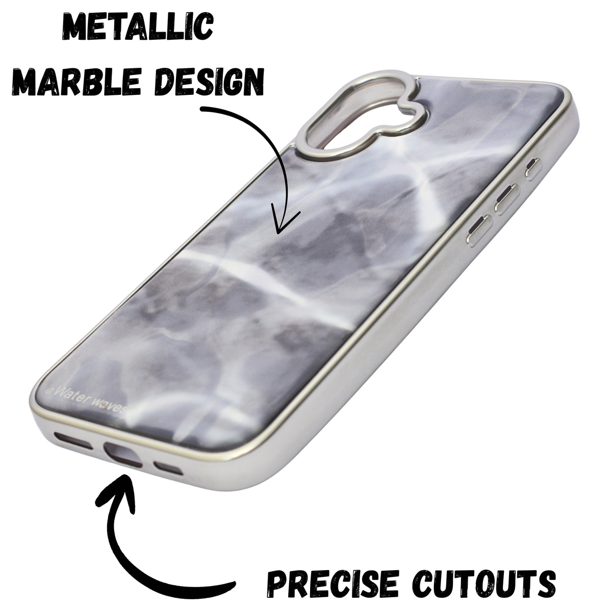 Marble Wave Glossy Water Flow Design Shockproof Cover For iPhone 16 Plus