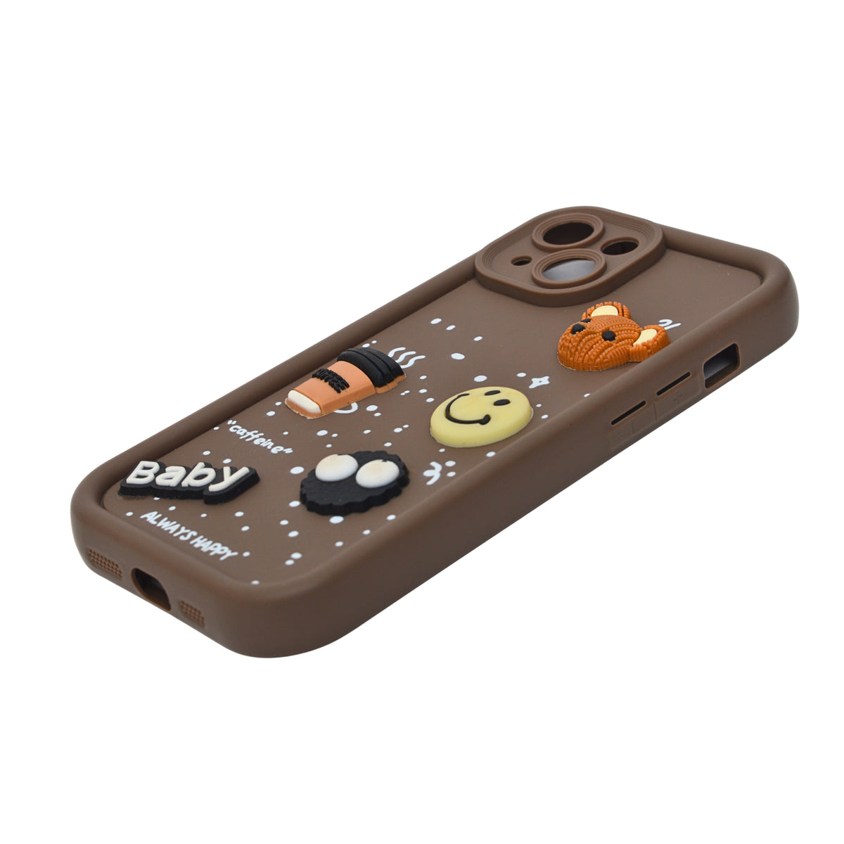 Adorable Coffee Vibe 3D Patch Silicone Phone Case with Cute Bear and Smiley for iPhone 15