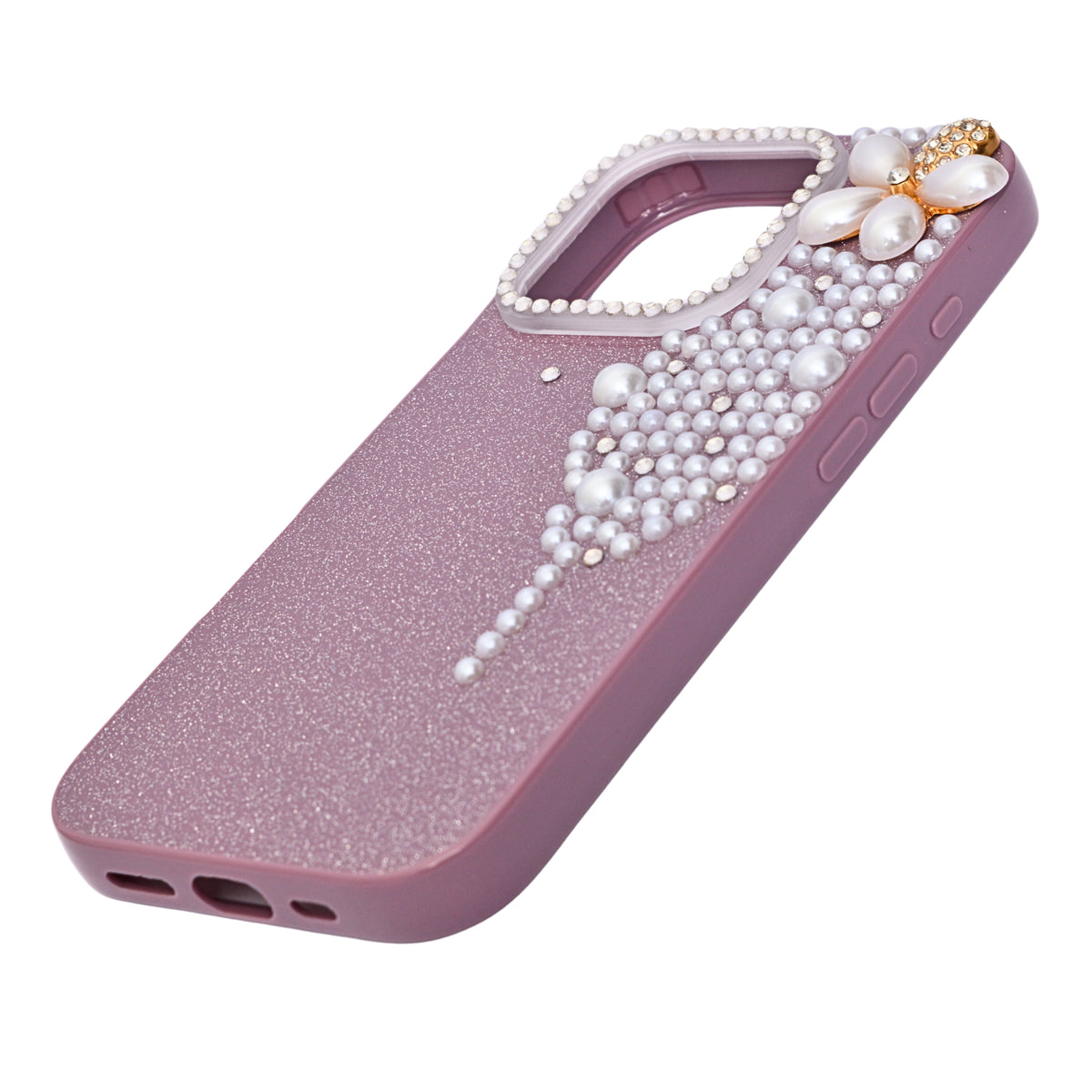 Luxury Glitter Finish with 3D Pearl Flower Design Phone Case for iPhone 16 Pro