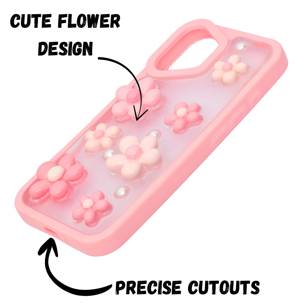 3D Pink Floral Pearl Design Protective Phone Case for iPhone 16 Plus