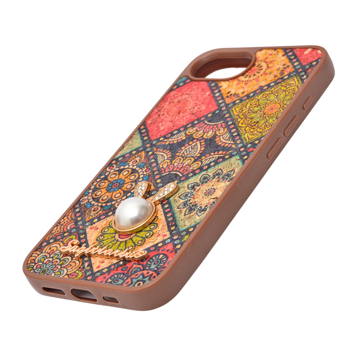 Bohemian Ethnic Print Cork Texture with Pearl Detail Phone Case for iPhone 16e