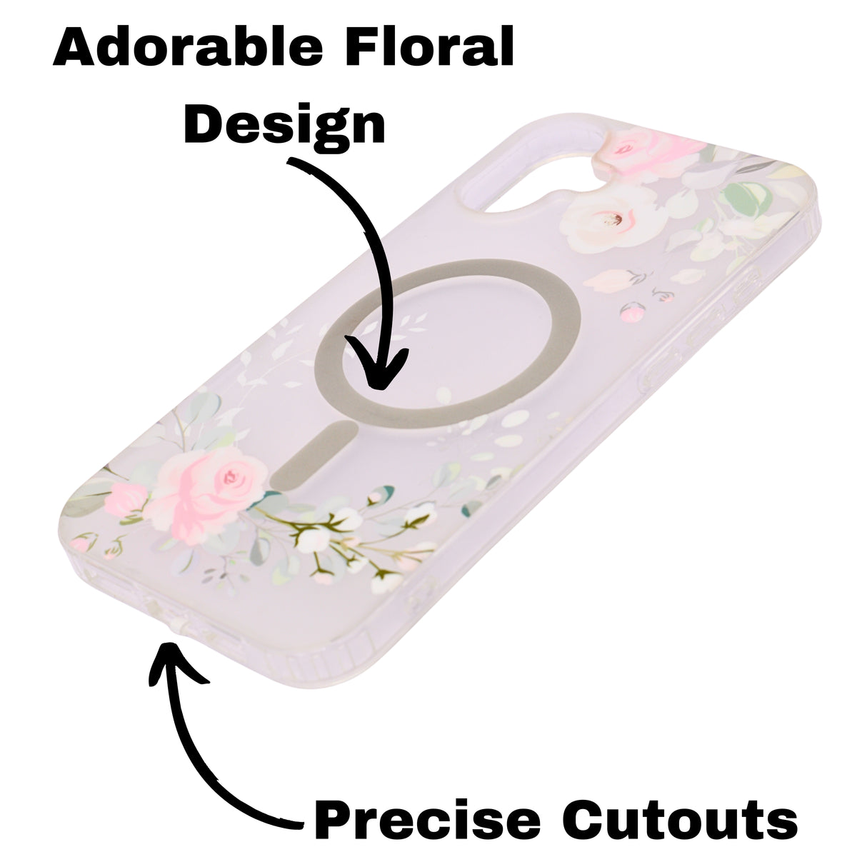 Transparent Floral MagSafe Compatible Phone Case for iPhone 16 Plus