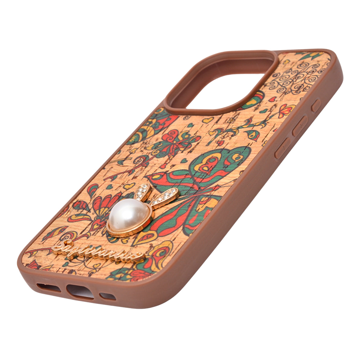 Bohemian Ethnic Print Cork Texture with Pearl Detail Phone Case for iPhone 15 Pro