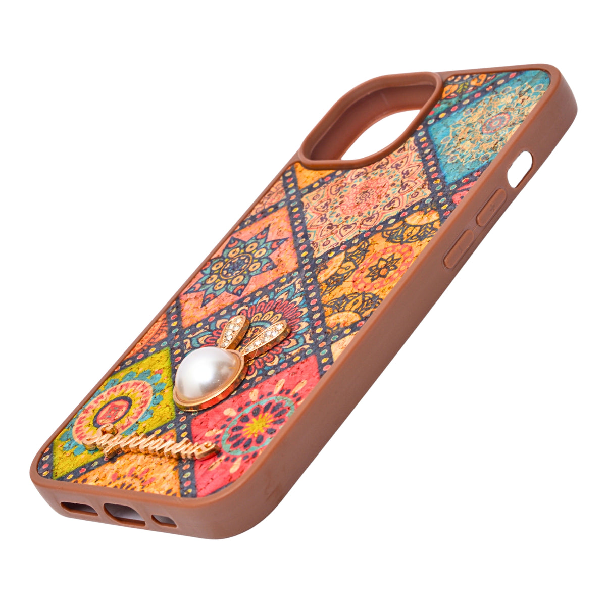Bohemian Ethnic Print Cork Texture with Pearl Detail Phone Case for iPhone 13 / 14