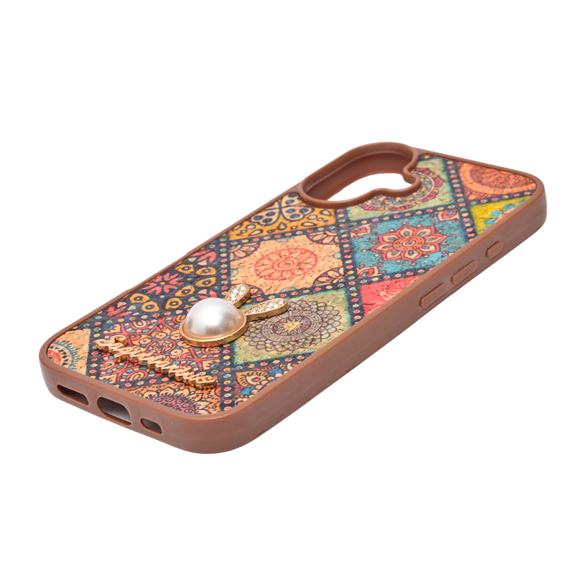 Bohemian Ethnic Print Cork Texture with Pearl Detail Phone Case for iPhone 16