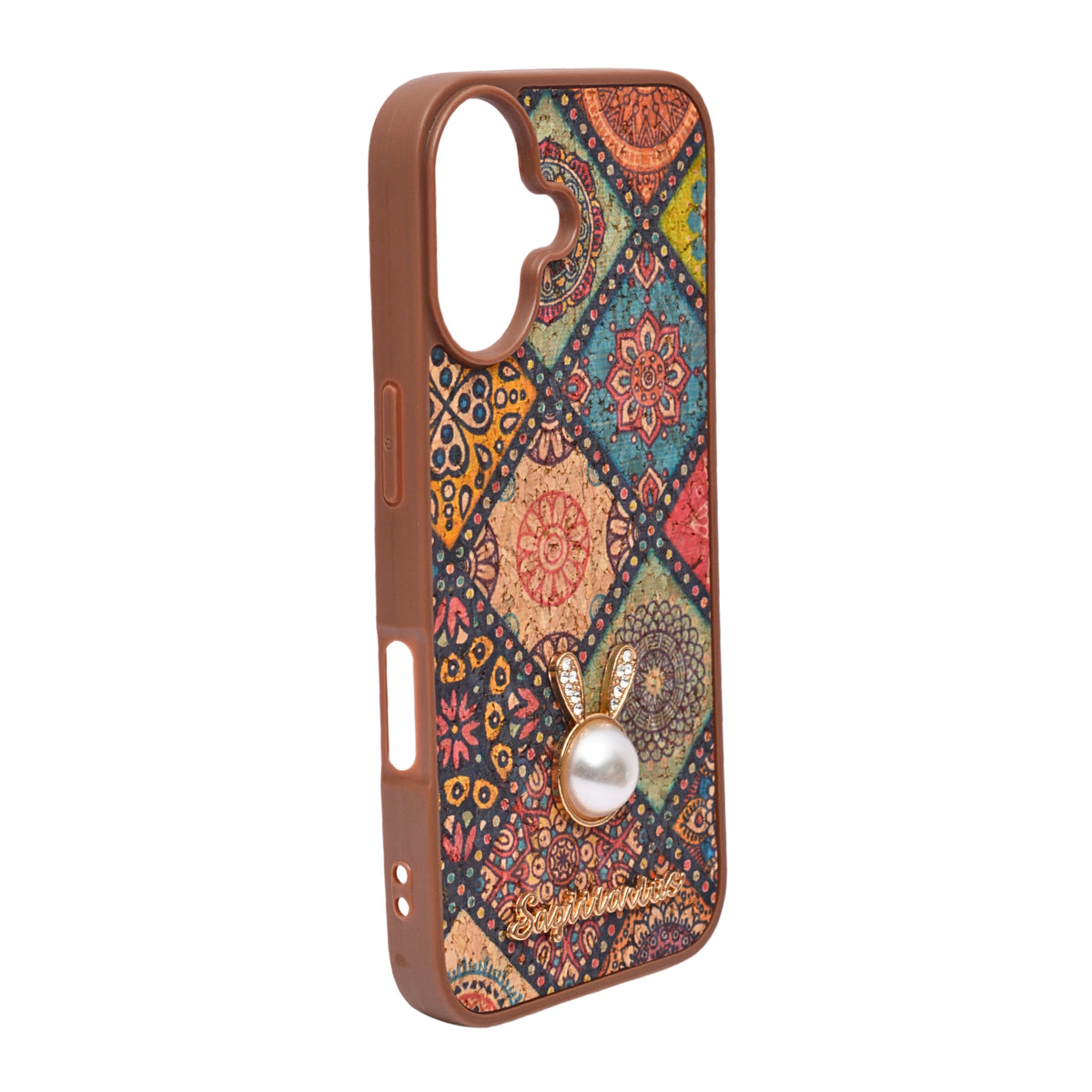 Bohemian Ethnic Print Cork Texture with Pearl Detail Phone Case for iPhone 16