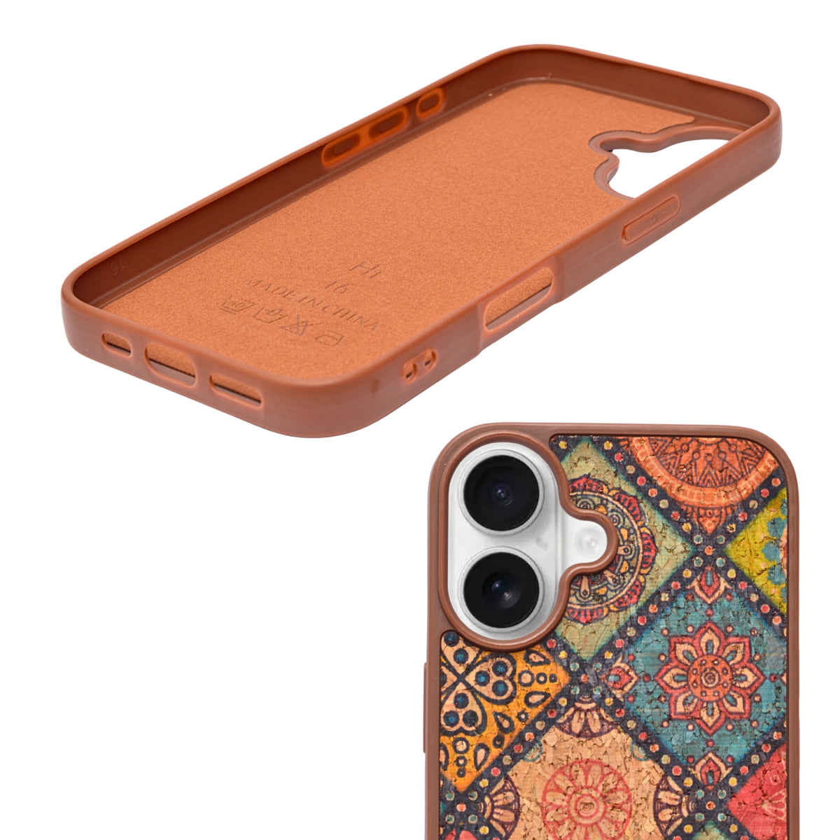Bohemian Ethnic Print Cork Texture with Pearl Detail Phone Case for iPhone 16