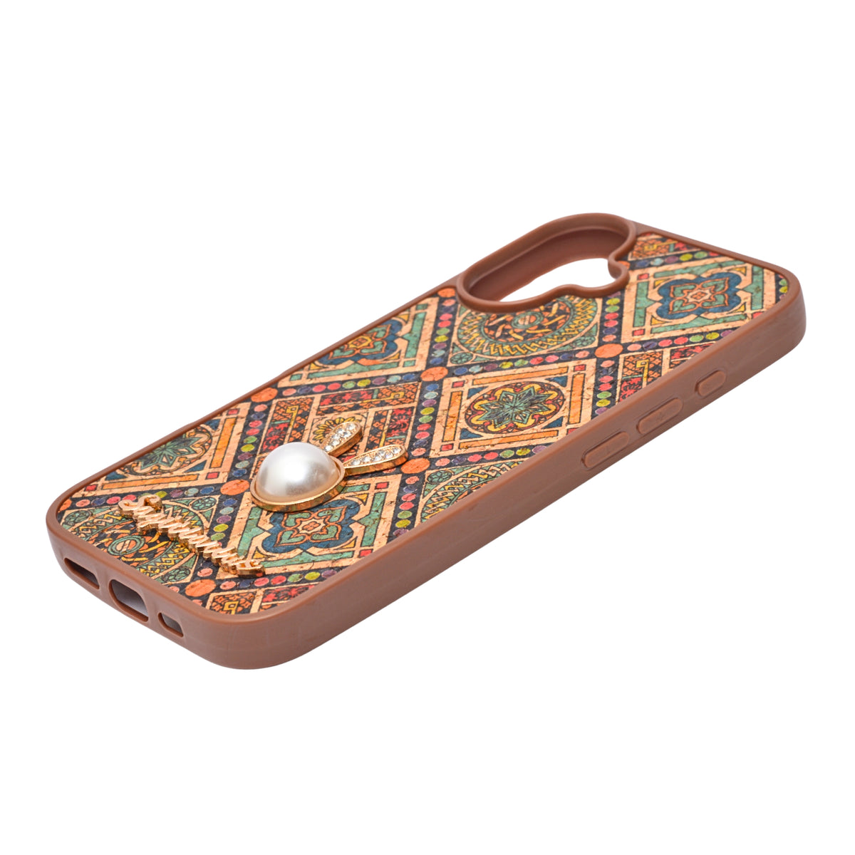Bohemian Ethnic Print Cork Texture with Pearl Detail Phone Case for iPhone 16