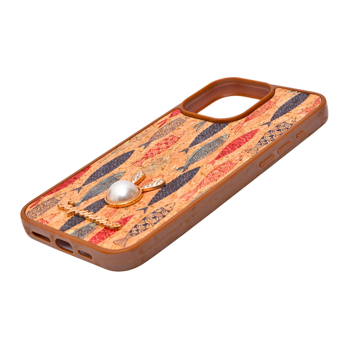 Bohemian Ethnic Print Cork Texture with Pearl Detail Phone Case for iPhone 15 Pro Max