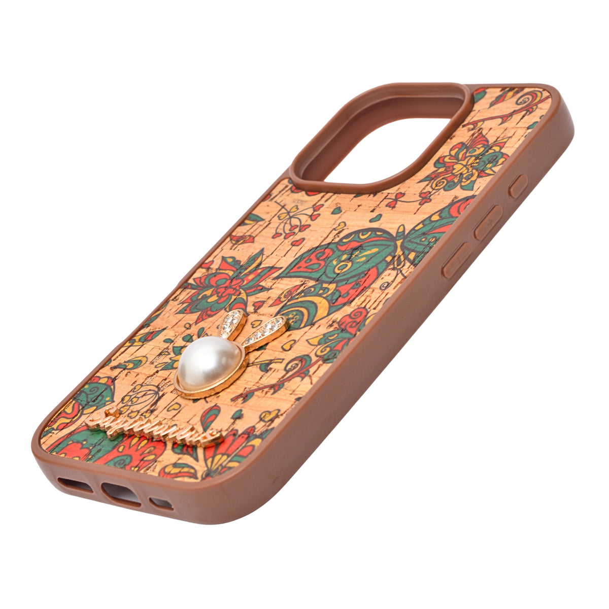 Bohemian Ethnic Print Cork Texture with Pearl Detail Phone Case for iPhone 16 Pro