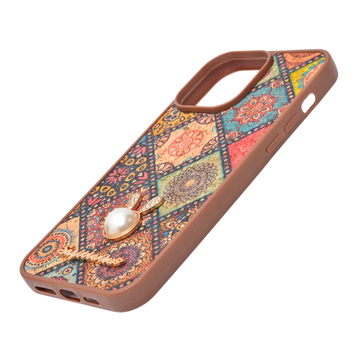 Bohemian Ethnic Print Cork Texture with Pearl Detail Phone Case for iPhone 14 Pro Max
