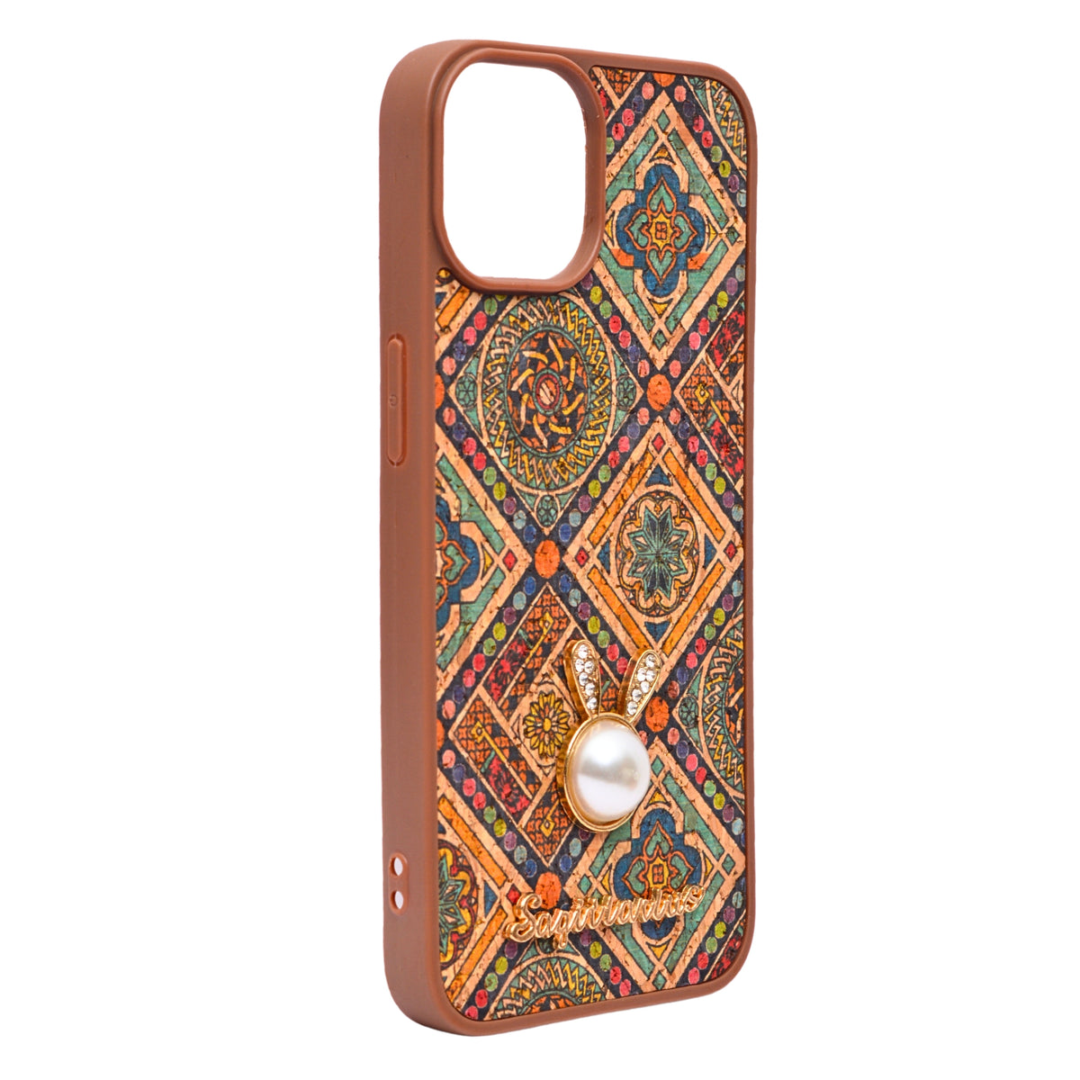 Bohemian Ethnic Print Cork Texture with Pearl Detail Phone Case for iPhone 13 / 14