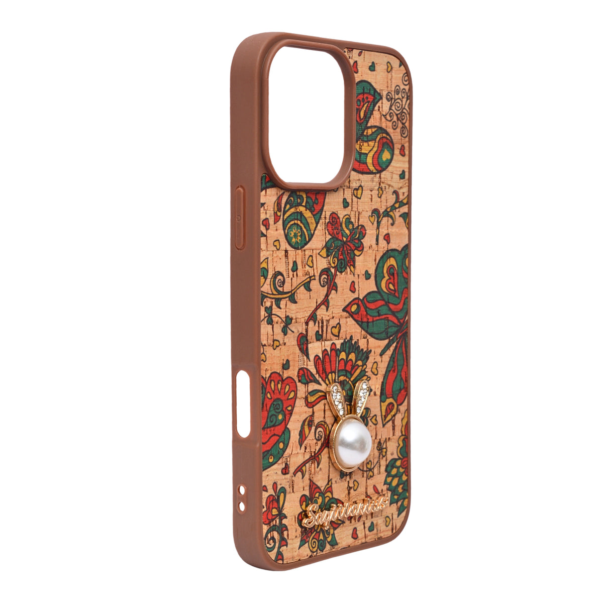 Bohemian Ethnic Print Cork Texture with Pearl Detail Phone Case for iPhone 16 Pro Max