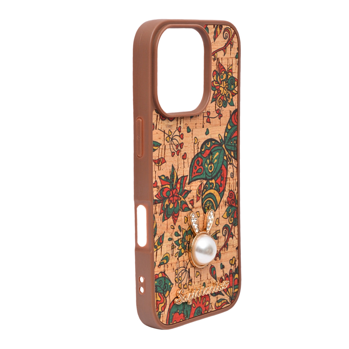 Bohemian Ethnic Print Cork Texture with Pearl Detail Phone Case for iPhone 16 Pro