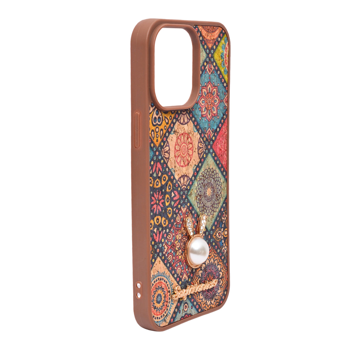 Bohemian Ethnic Print Cork Texture with Pearl Detail Phone Case for iPhone 14 Pro Max