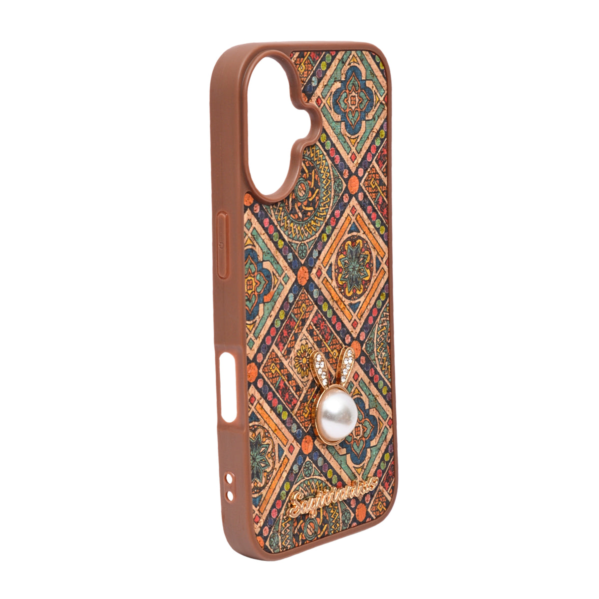 Bohemian Ethnic Print Cork Texture with Pearl Detail Phone Case for iPhone 16