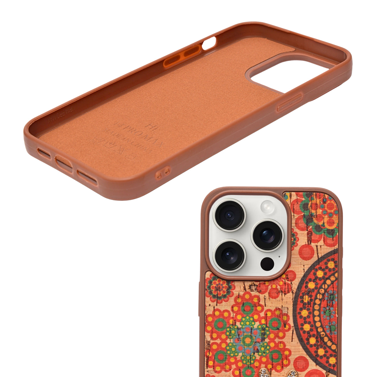 Bohemian Ethnic Print Cork Texture with Pearl Detail Phone Case for iPhone 15 Pro