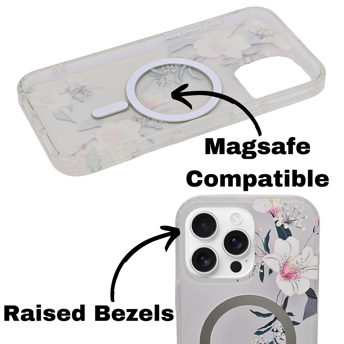 Transparent Floral MagSafe Compatible Phone Case for iPhone 16 Pro Max