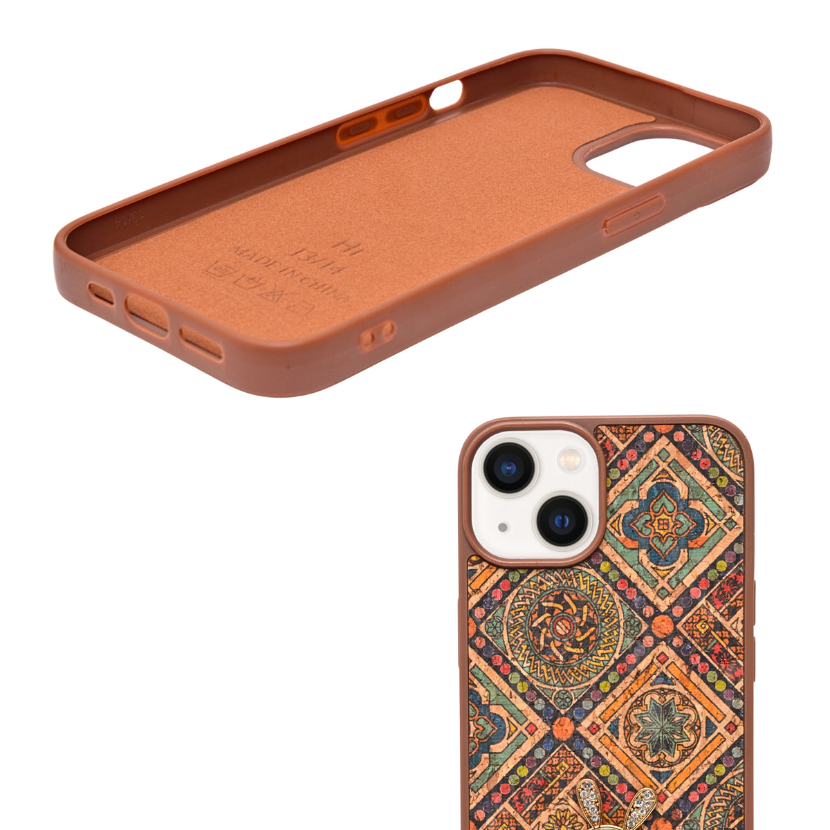 Bohemian Ethnic Print Cork Texture with Pearl Detail Phone Case for iPhone 13 / 14