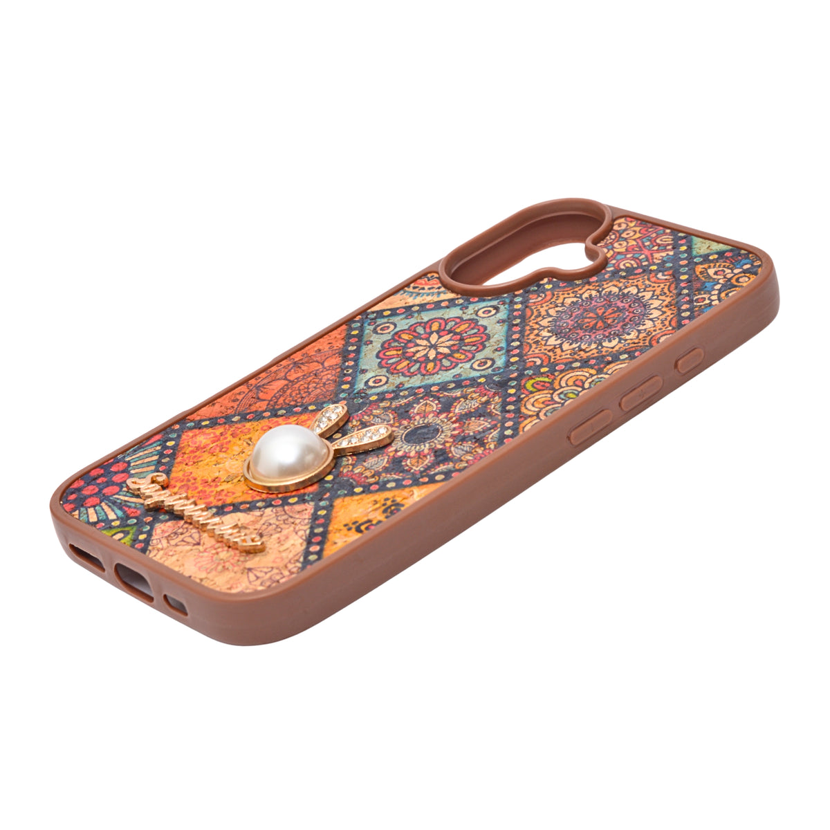 Bohemian Ethnic Print Cork Texture with Pearl Detail Phone Case for iPhone 16