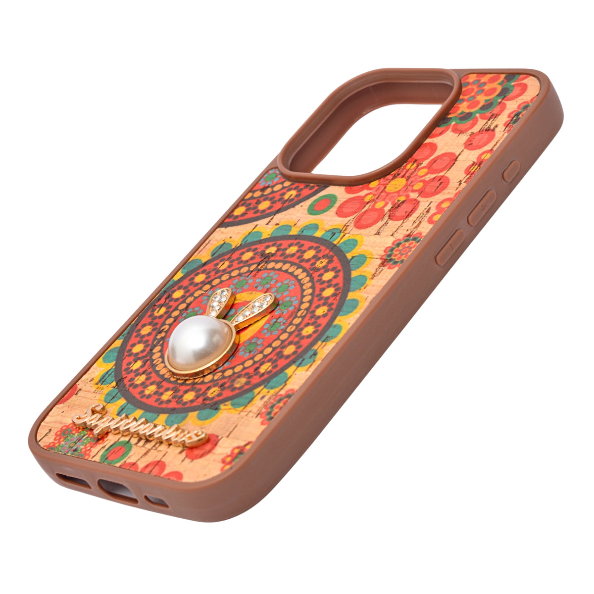 Bohemian Ethnic Print Cork Texture with Pearl Detail Phone Case for iPhone 15 Pro