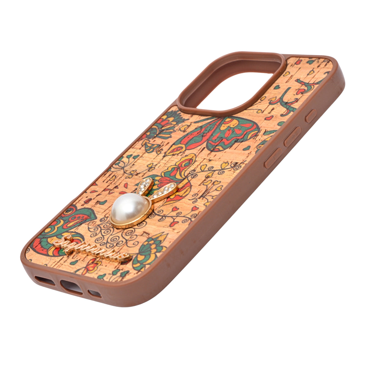 Bohemian Ethnic Print Cork Texture with Pearl Detail Phone Case for iPhone 16 Pro