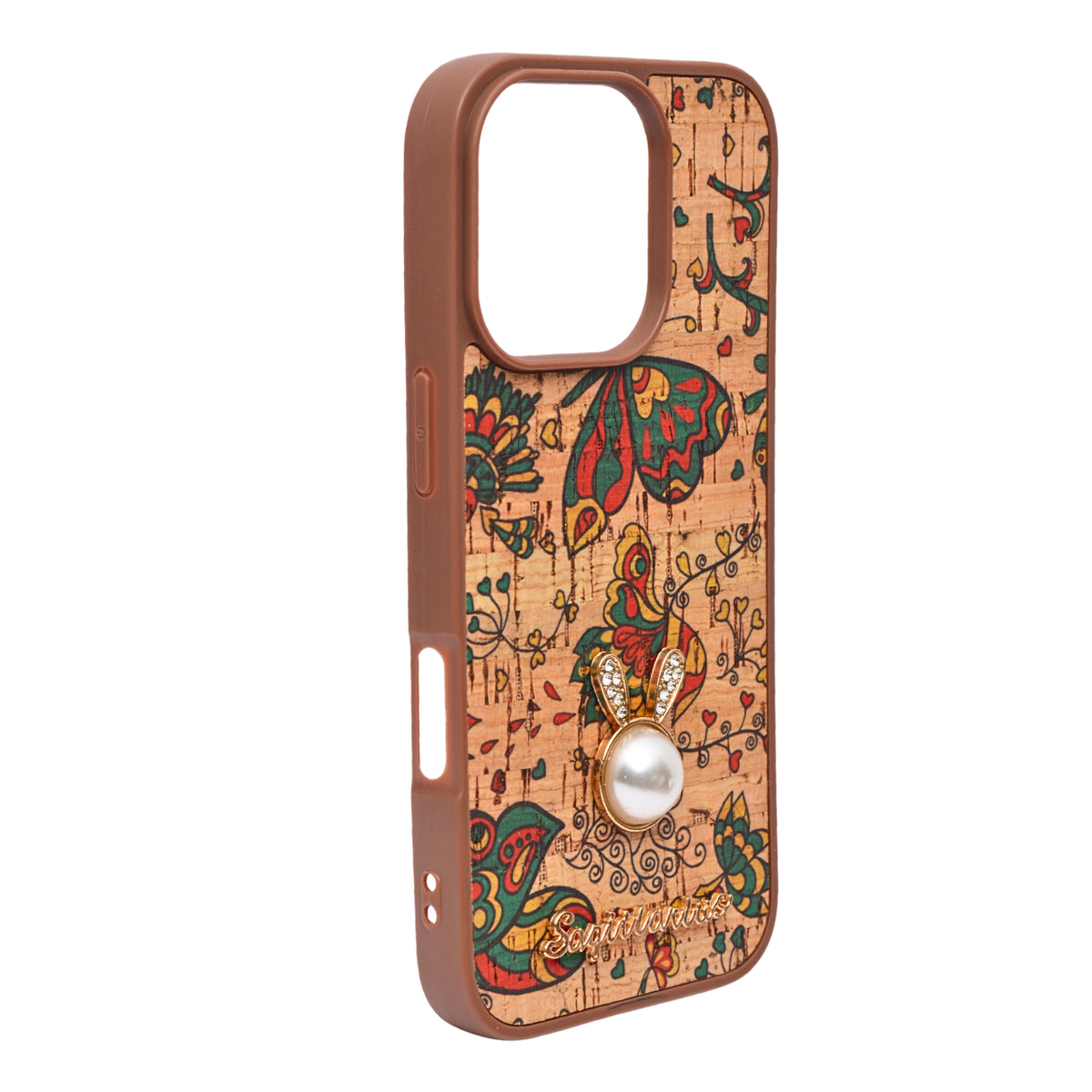 Bohemian Ethnic Print Cork Texture with Pearl Detail Phone Case for iPhone 16 Pro