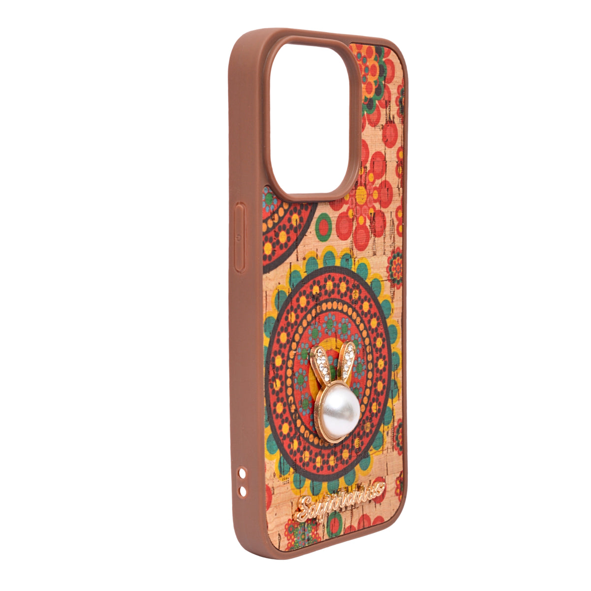 Bohemian Ethnic Print Cork Texture with Pearl Detail Phone Case for iPhone 15 Pro