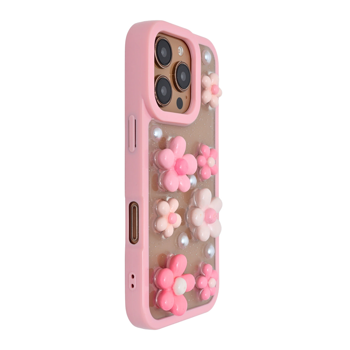3D Pink Floral Pearl Design Protective Phone Case for iPhone 15 Pro