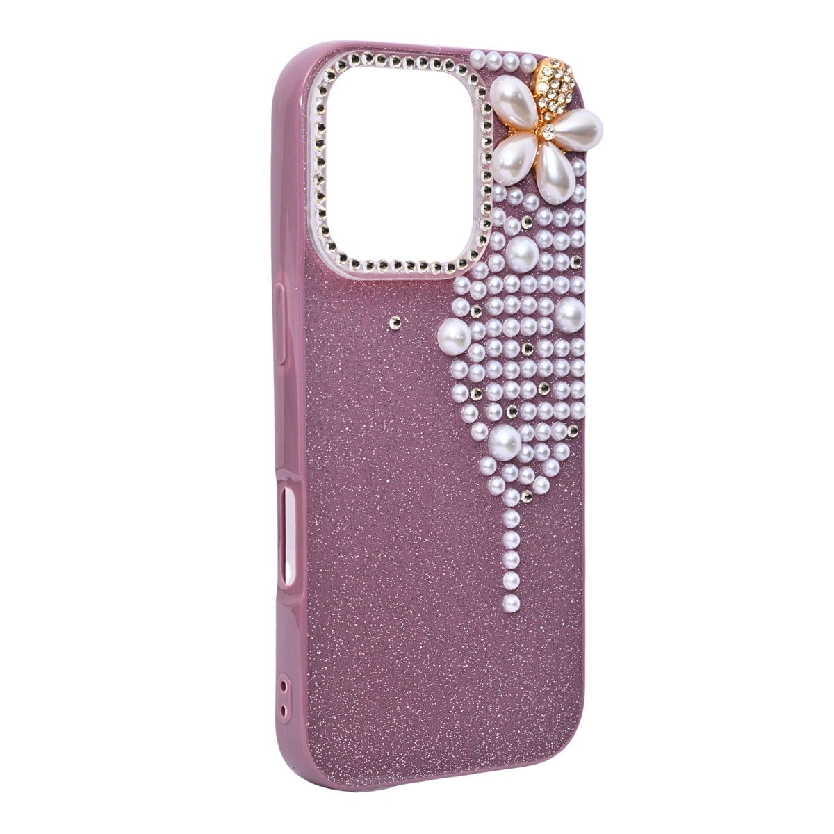 Luxury Glitter Finish with 3D Pearl Flower Design Phone Case for iPhone 16 Pro