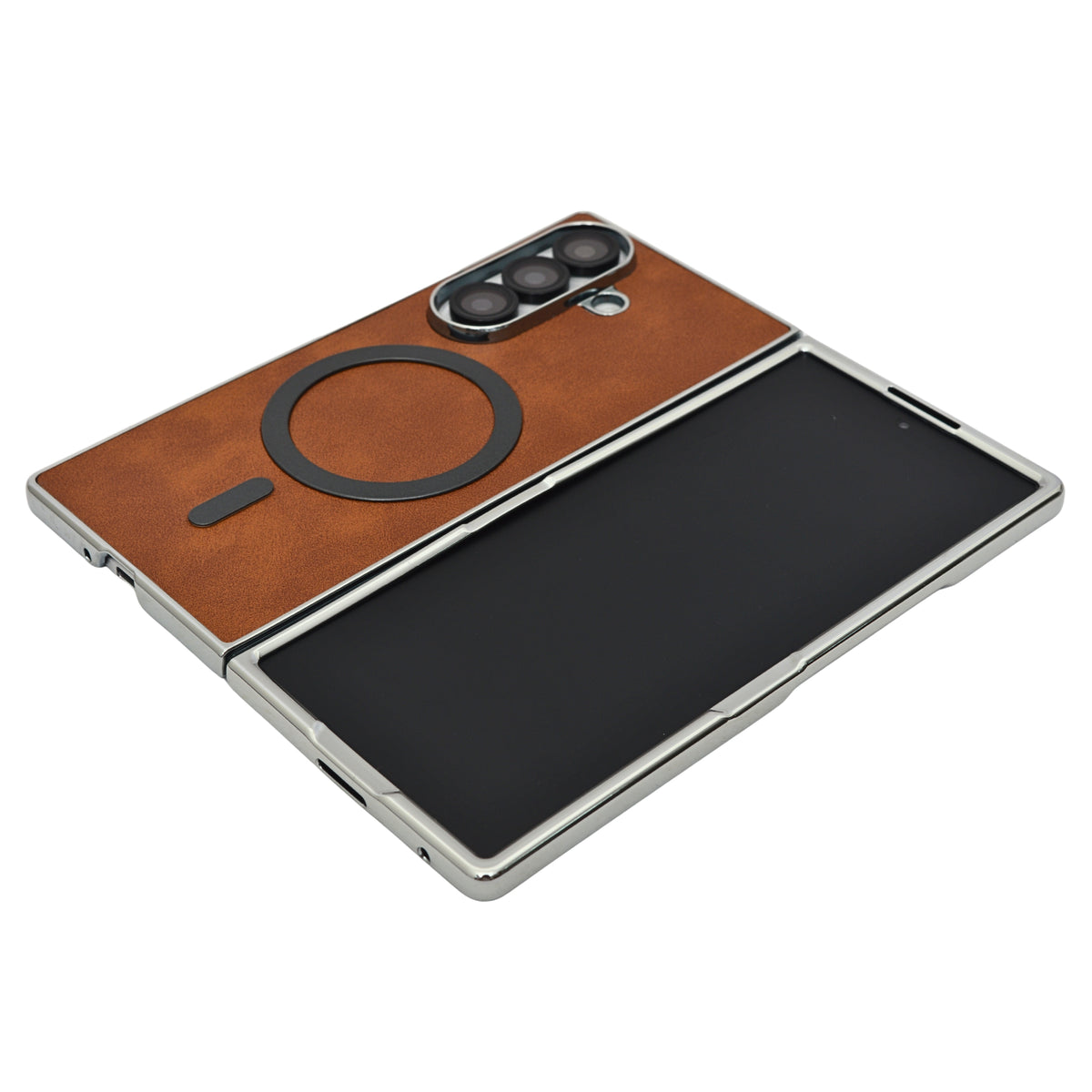 MagSafe Compatible Leather Case for Samsung Galaxy Z Fold 7 – Sleek Magnetic With Side Chrome Back Cover