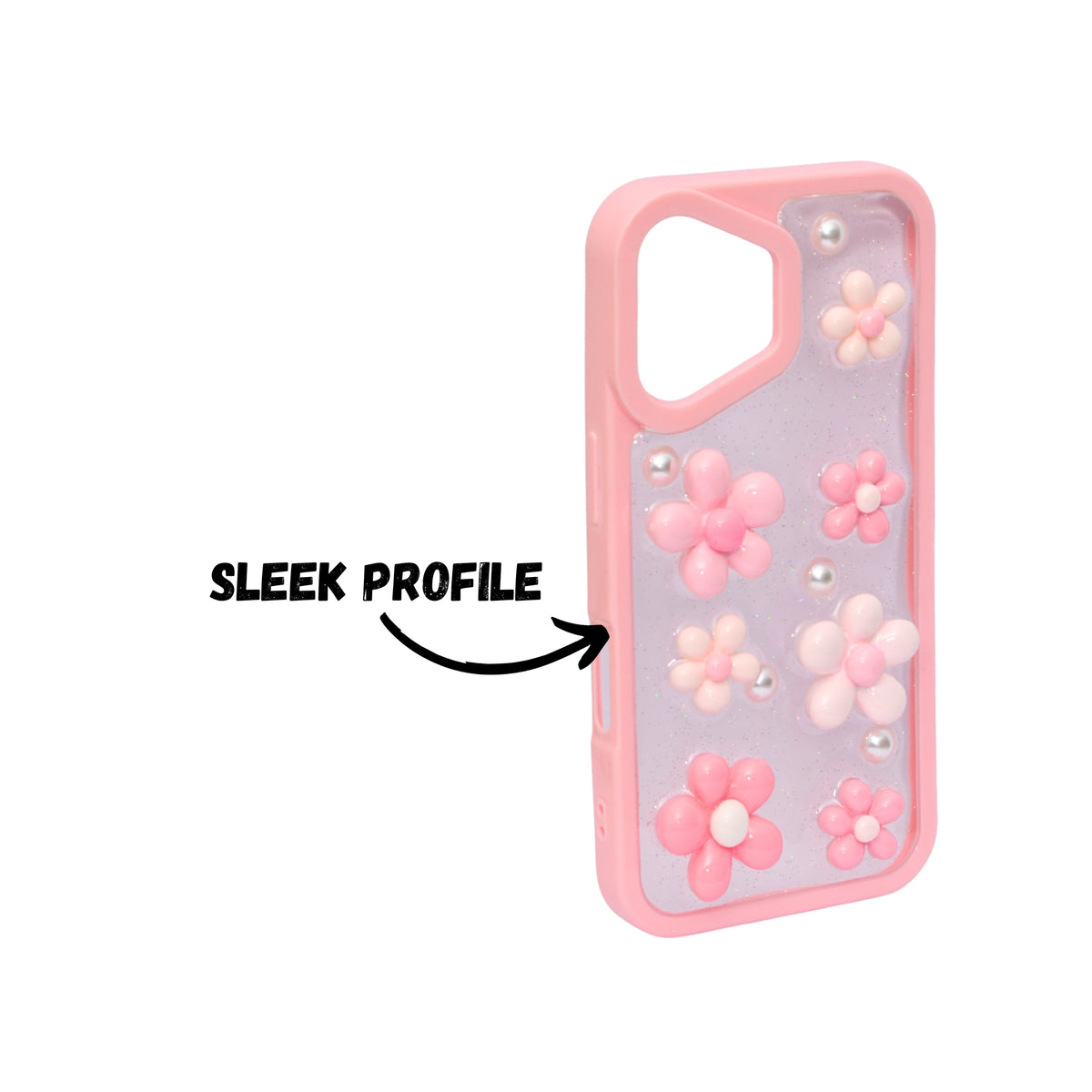 3D Pink Floral Pearl Design Protective Phone Case for iPhone 16 Plus