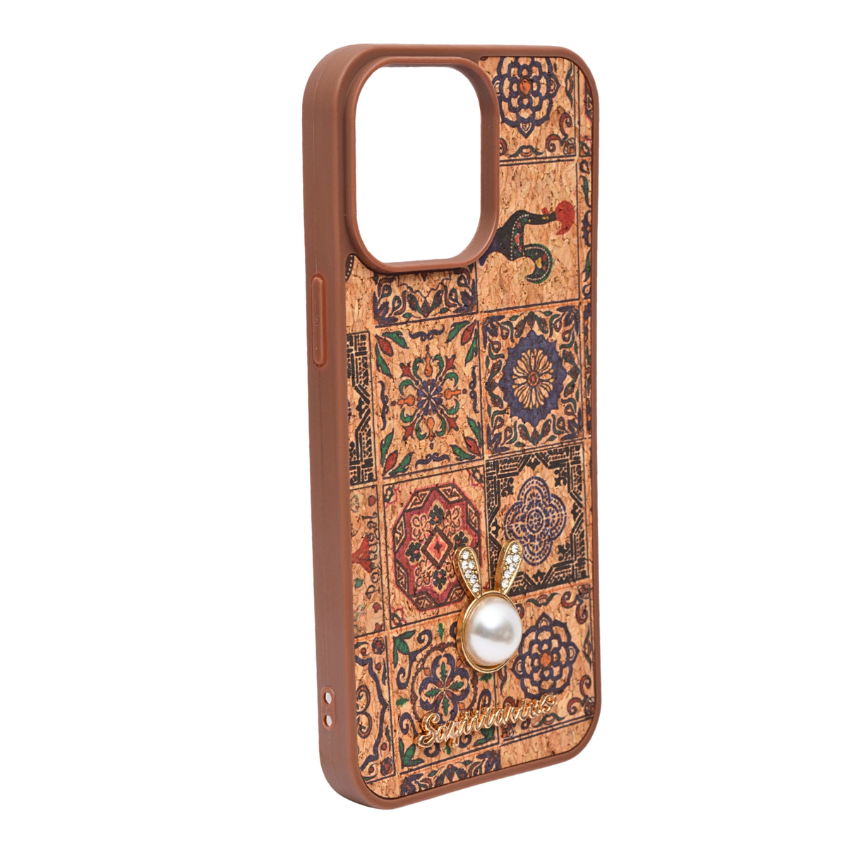 Bohemian Ethnic Print Cork Texture with Pearl Detail Phone Case for iPhone 14 Pro Max