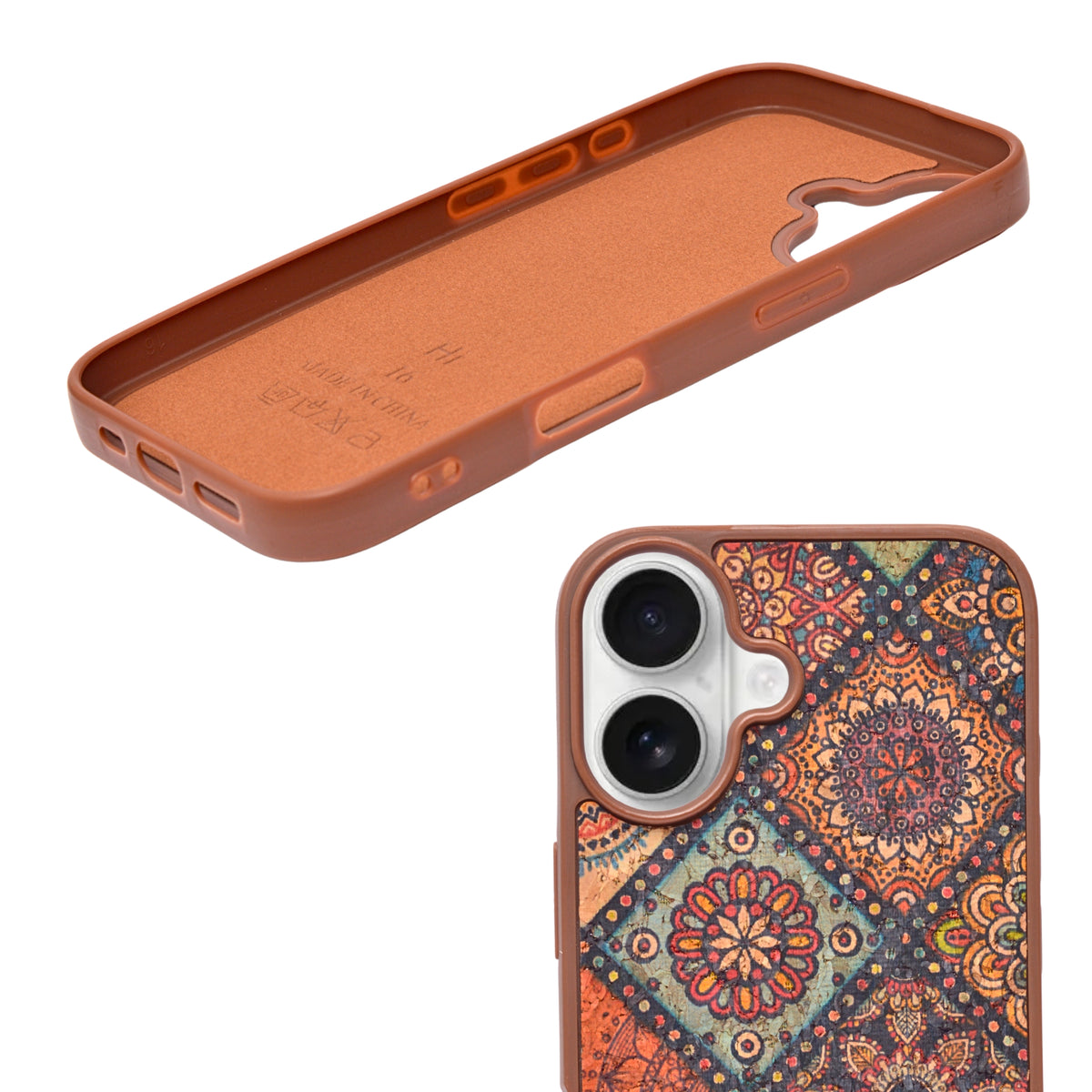Bohemian Ethnic Print Cork Texture with Pearl Detail Phone Case for iPhone 16
