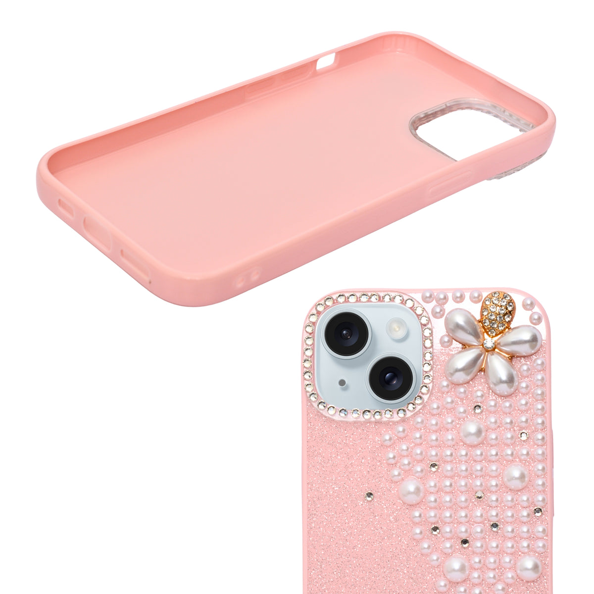 Luxury Glitter Finish with 3D Pearl Flower Design Phone Case for iPhone 14 Plus/ 15 Plus