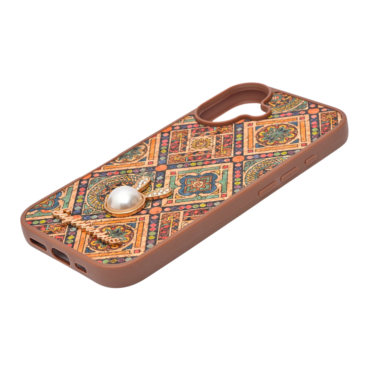 Bohemian Ethnic Print Cork Texture with Pearl Detail Phone Case for iPhone 17