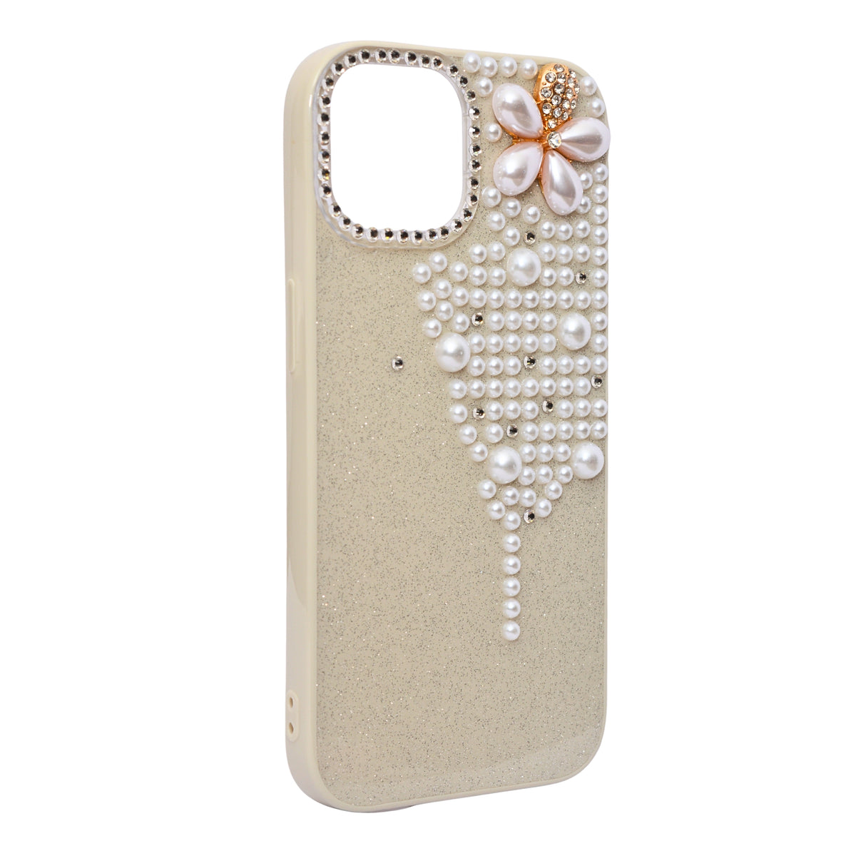 Luxury Glitter Finish with 3D Pearl Flower Design Phone Case for iPhone 14 Plus/ 15 Plus