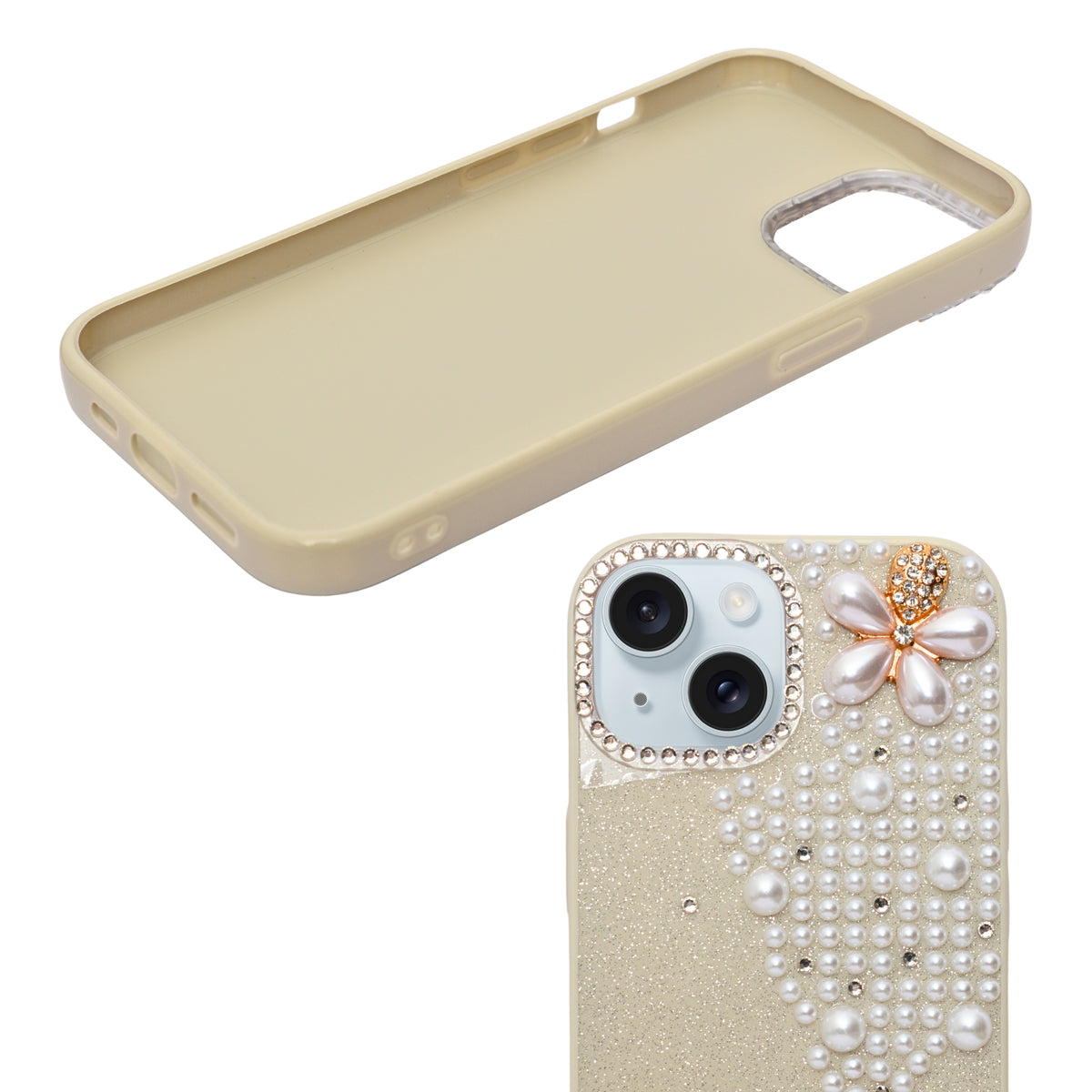 Luxury Glitter Finish with 3D Pearl Flower Design Phone Case for iPhone 14 Plus/ 15 Plus