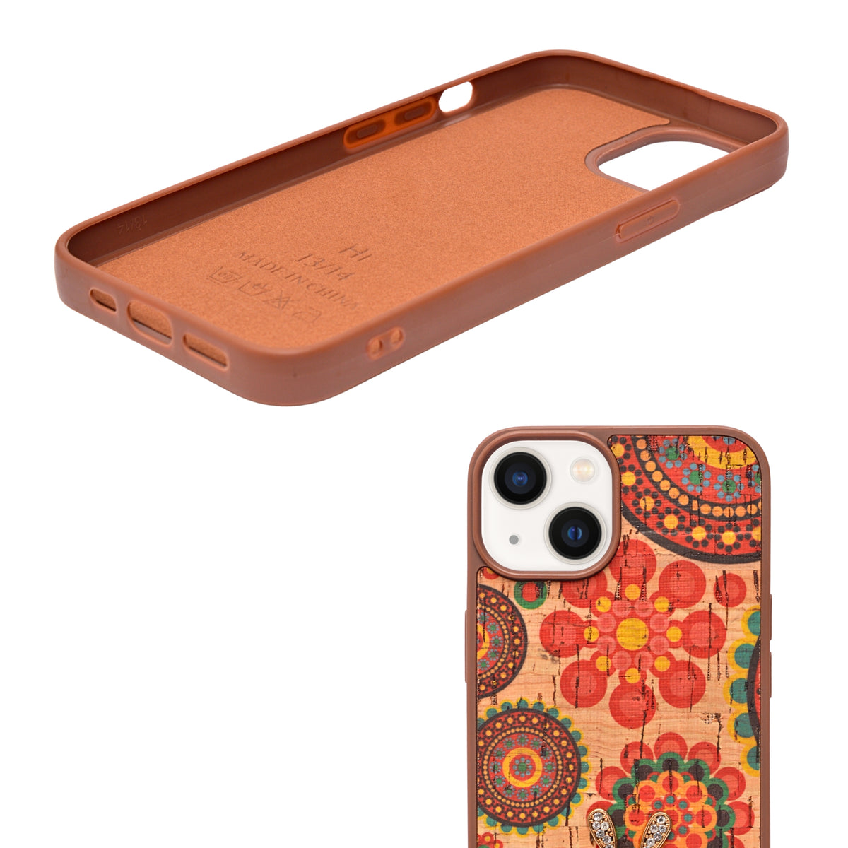 Bohemian Ethnic Print Cork Texture with Pearl Detail Phone Case for iPhone 13 / 14