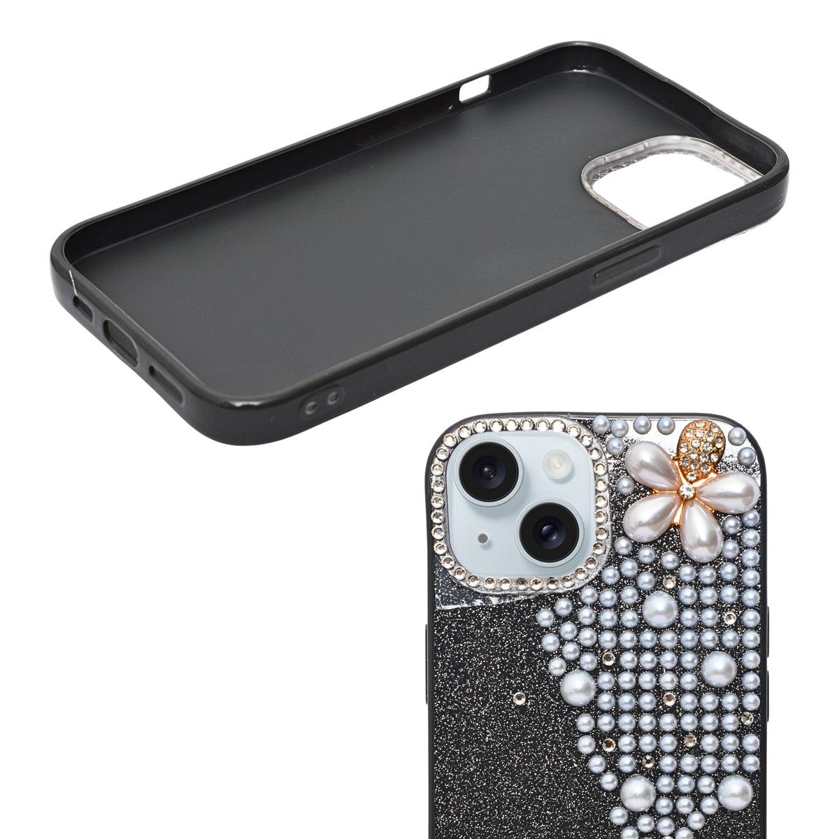 Luxury Glitter Finish with 3D Pearl Flower Design Phone Case for iPhone 14 Plus/ 15 Plus