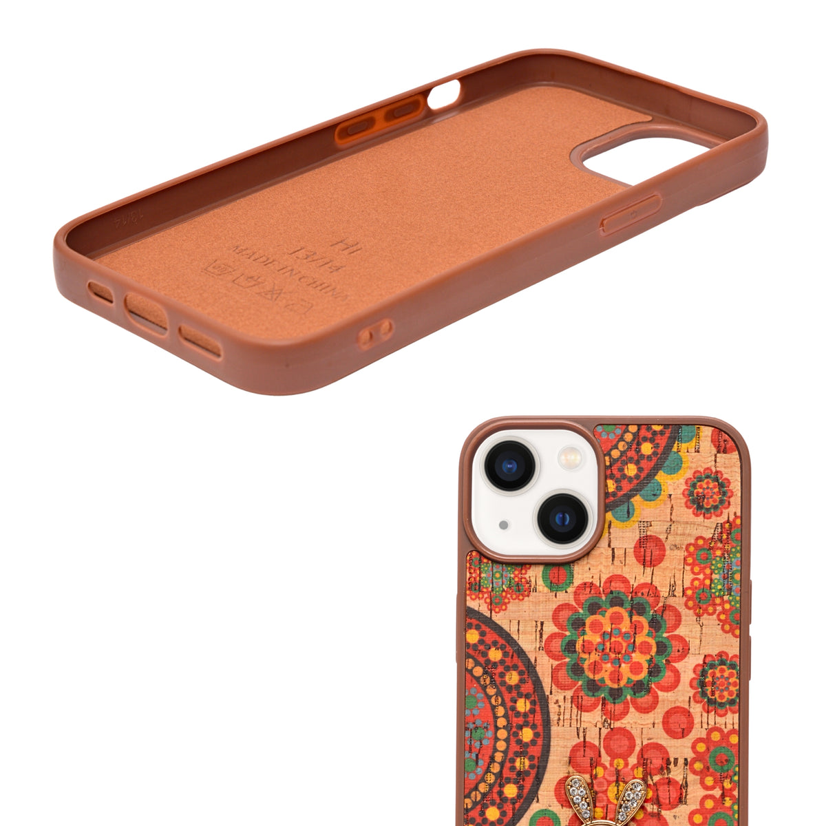 Bohemian Ethnic Print Cork Texture with Pearl Detail Phone Case for iPhone 13 / 14