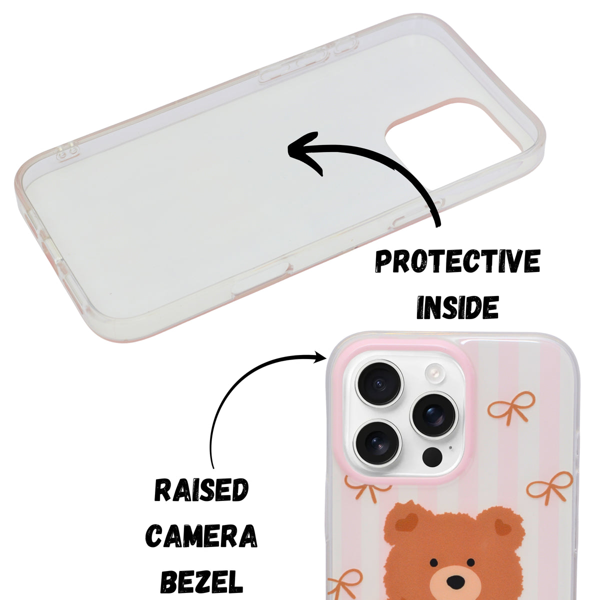 Pastel Teddy Bear Aesthetic Phone Case with Matching Charm for iPhone 16 Pro Max