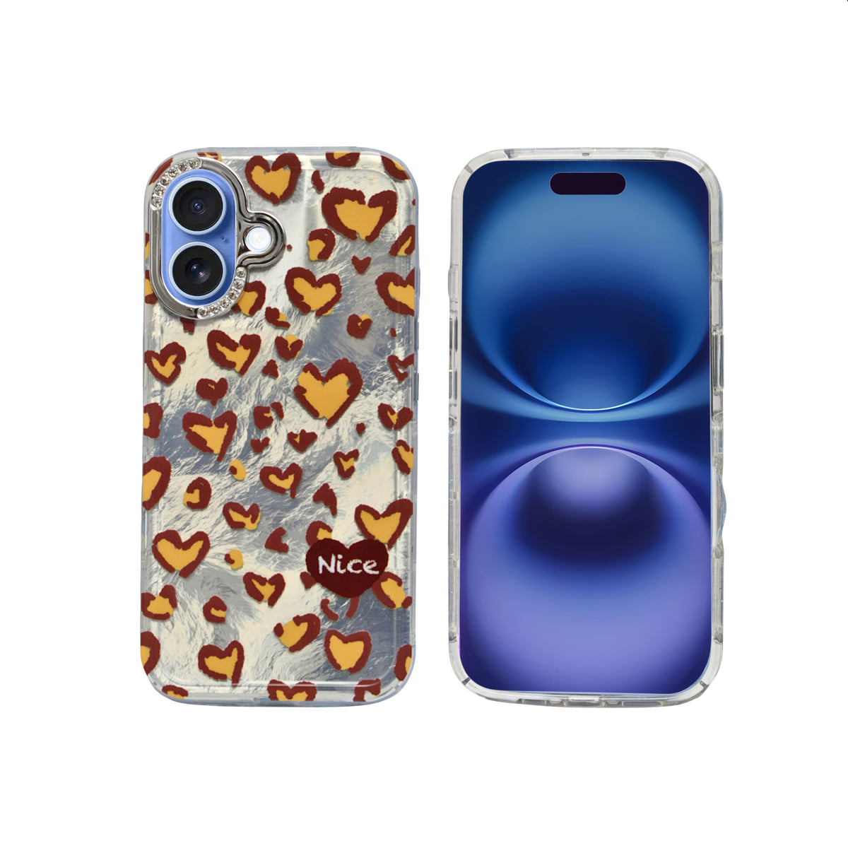 Heart Leopard Print with Diamond Accent Phone Case for iPhone 16