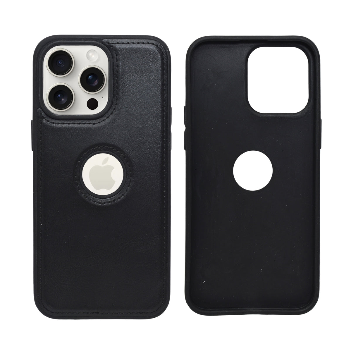 Black Leather Case with Apple Logo Cutout for iPhone 14 Pro Max