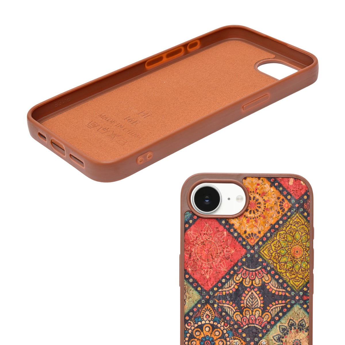 Bohemian Ethnic Print Cork Texture with Pearl Detail Phone Case for iPhone 16e