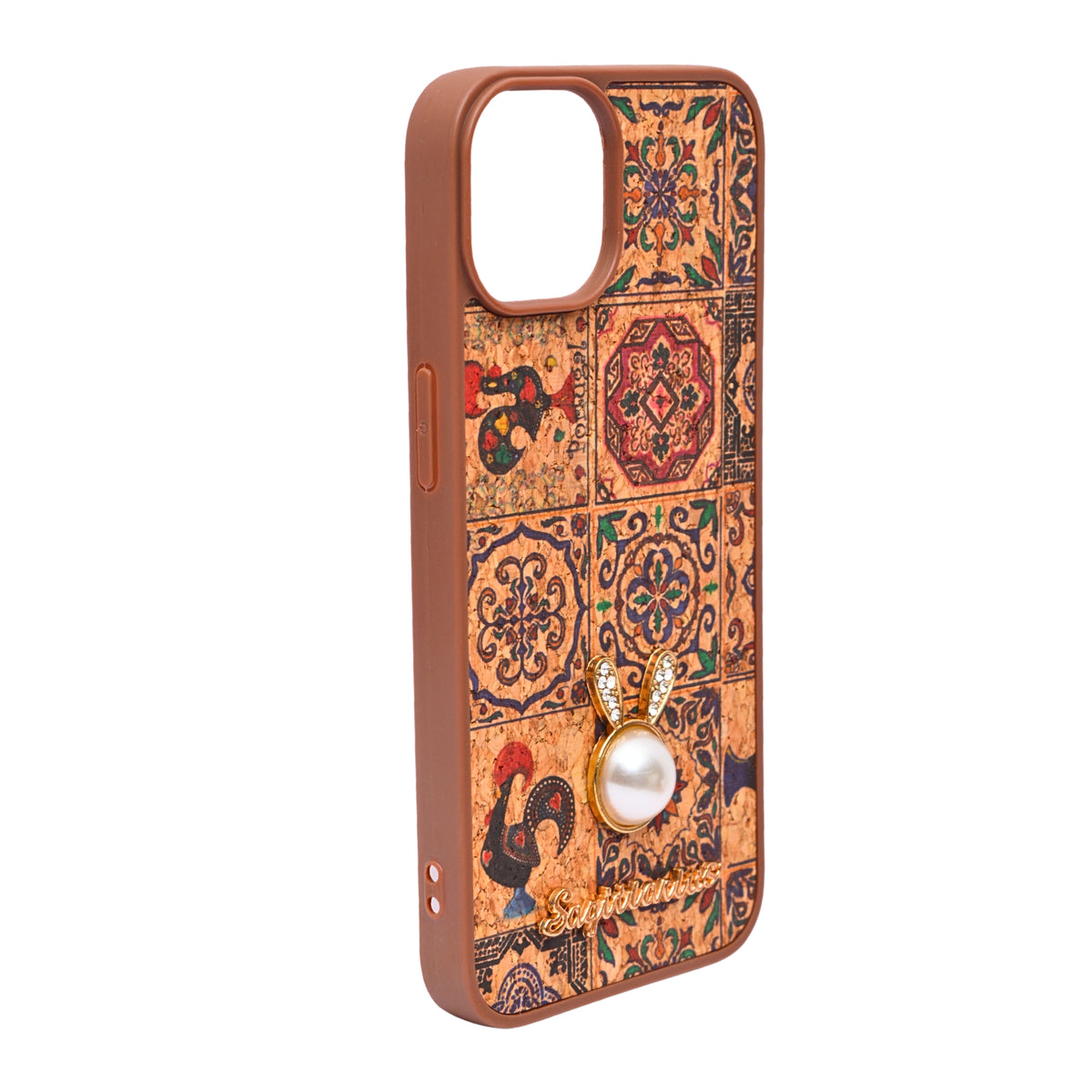 Bohemian Ethnic Print Cork Texture with Pearl Detail Phone Case for iPhone 13 / 14