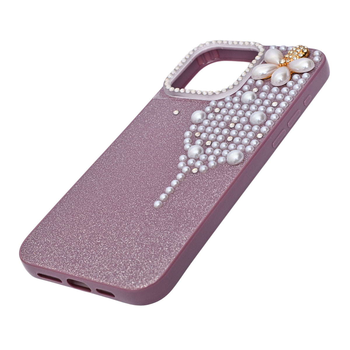 Luxury Glitter Finish with 3D Pearl Flower Design Phone Case for iPhone 14 Pro Max