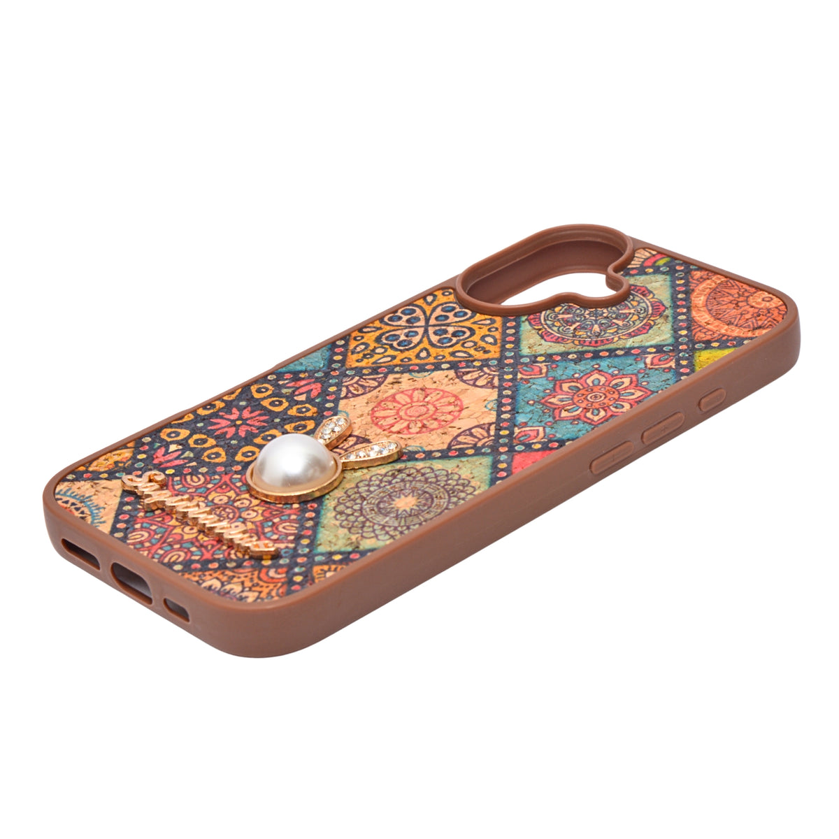 Bohemian Ethnic Print Cork Texture with Pearl Detail Phone Case for iPhone 17